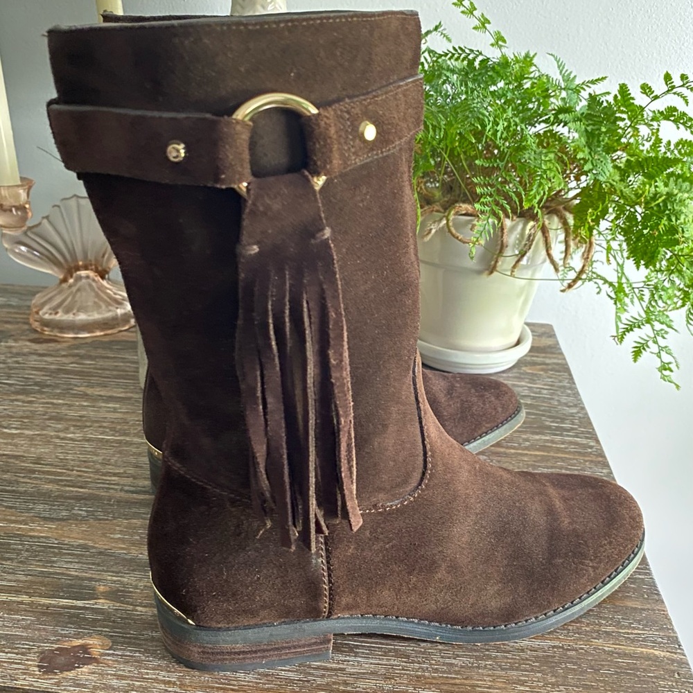 Michael Kors Rhea Suede Leather Fringe Pull On Moccasin Mid Calf Boots Women 7.5 - Picture 3 of 13
